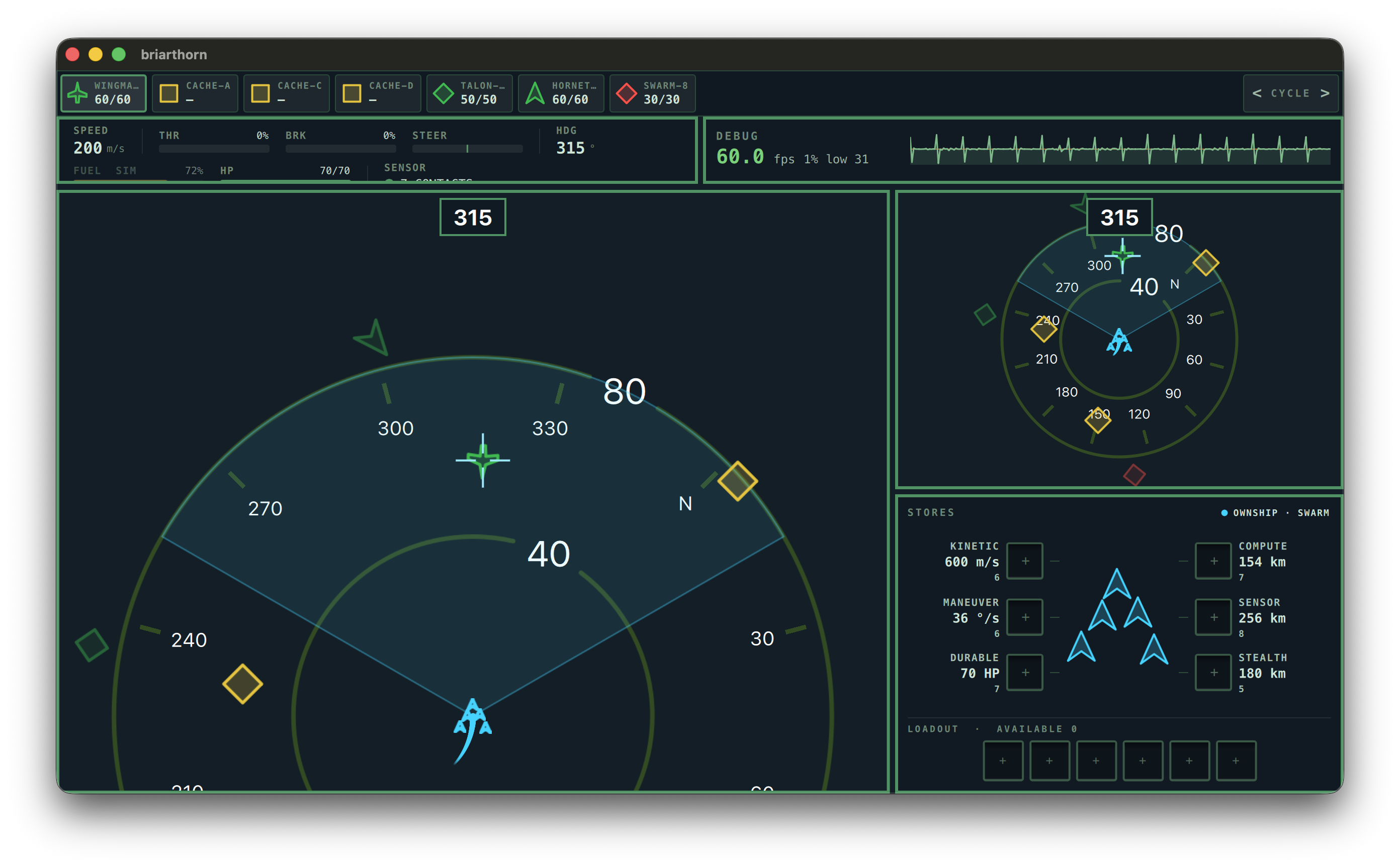 Briarthorn in-game radar HUD with player stats and equipment loadout panels